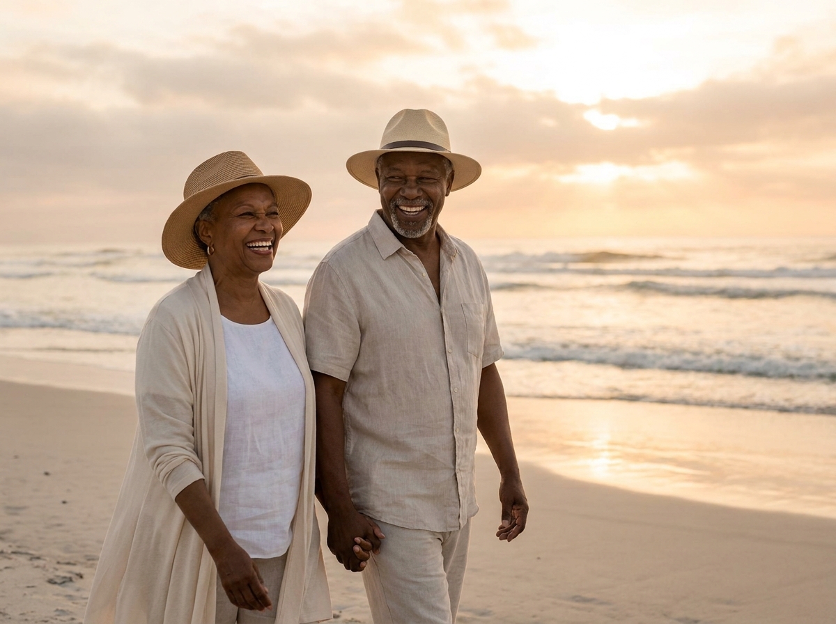 Retired couple walking hand in hand on the beach at golden hour