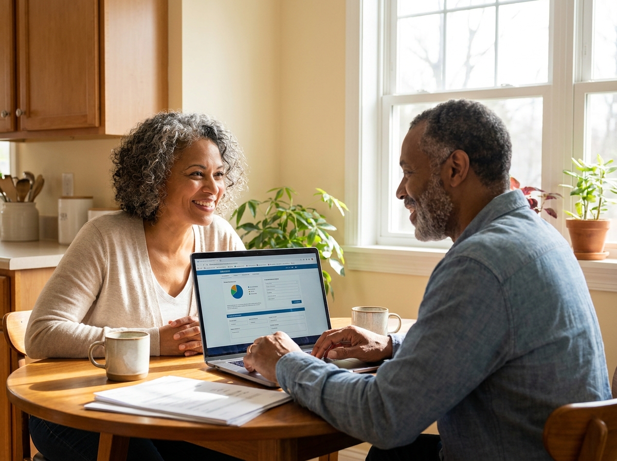 Couple reviewing retirement documents at home with relief and confidence
