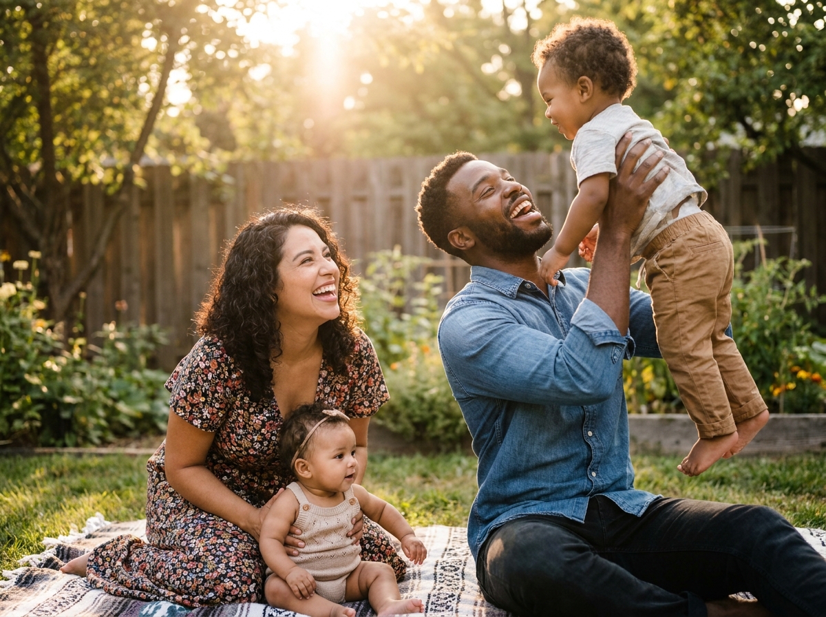 Young family playing together outdoors at golden hour
