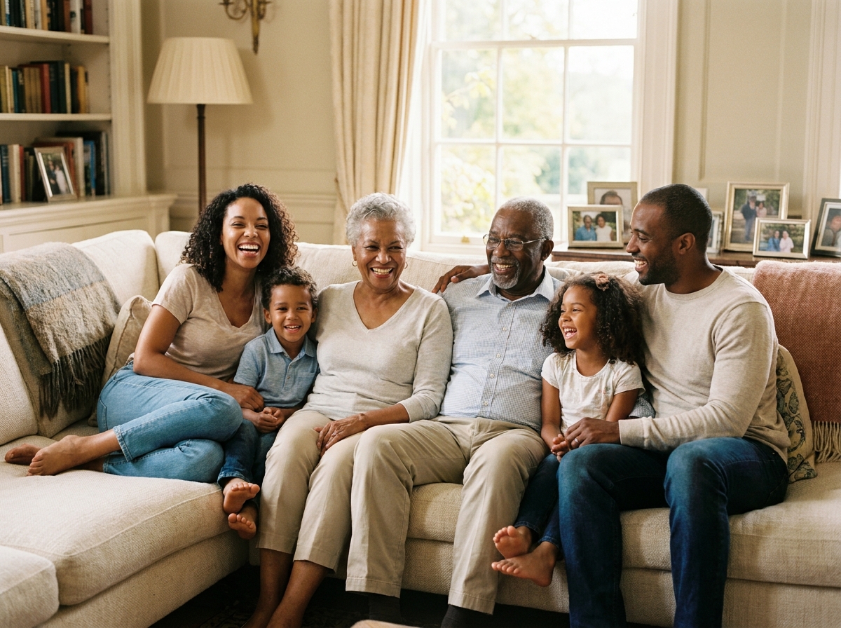 Three generations of a family together on the family sofa